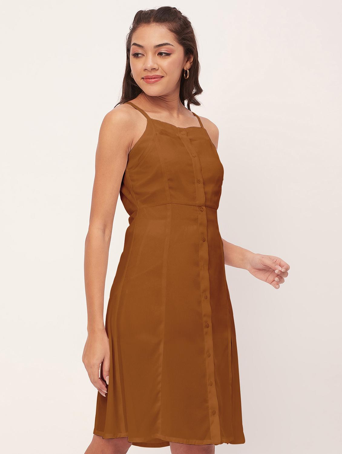 brown solid shoulder strap a-line dress - 20386195 - Standard Image - 1