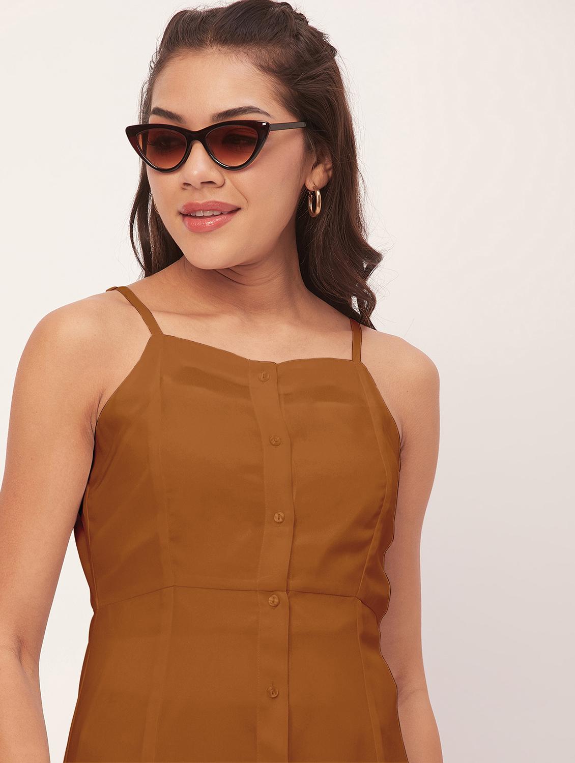 brown solid shoulder strap a-line dress - 20386195 - Standard Image - 4