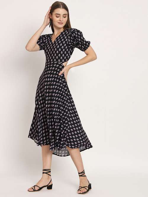 black floral print puff sleeves high low dress - 20386216 -  Standard Image - 0