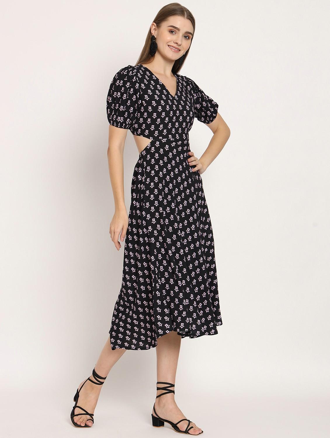 black floral print puff sleeves high low dress - 20386216 - Standard Image - 1