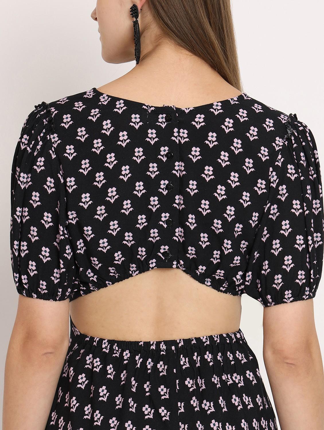black floral print puff sleeves high low dress - 20386216 - Standard Image - 4