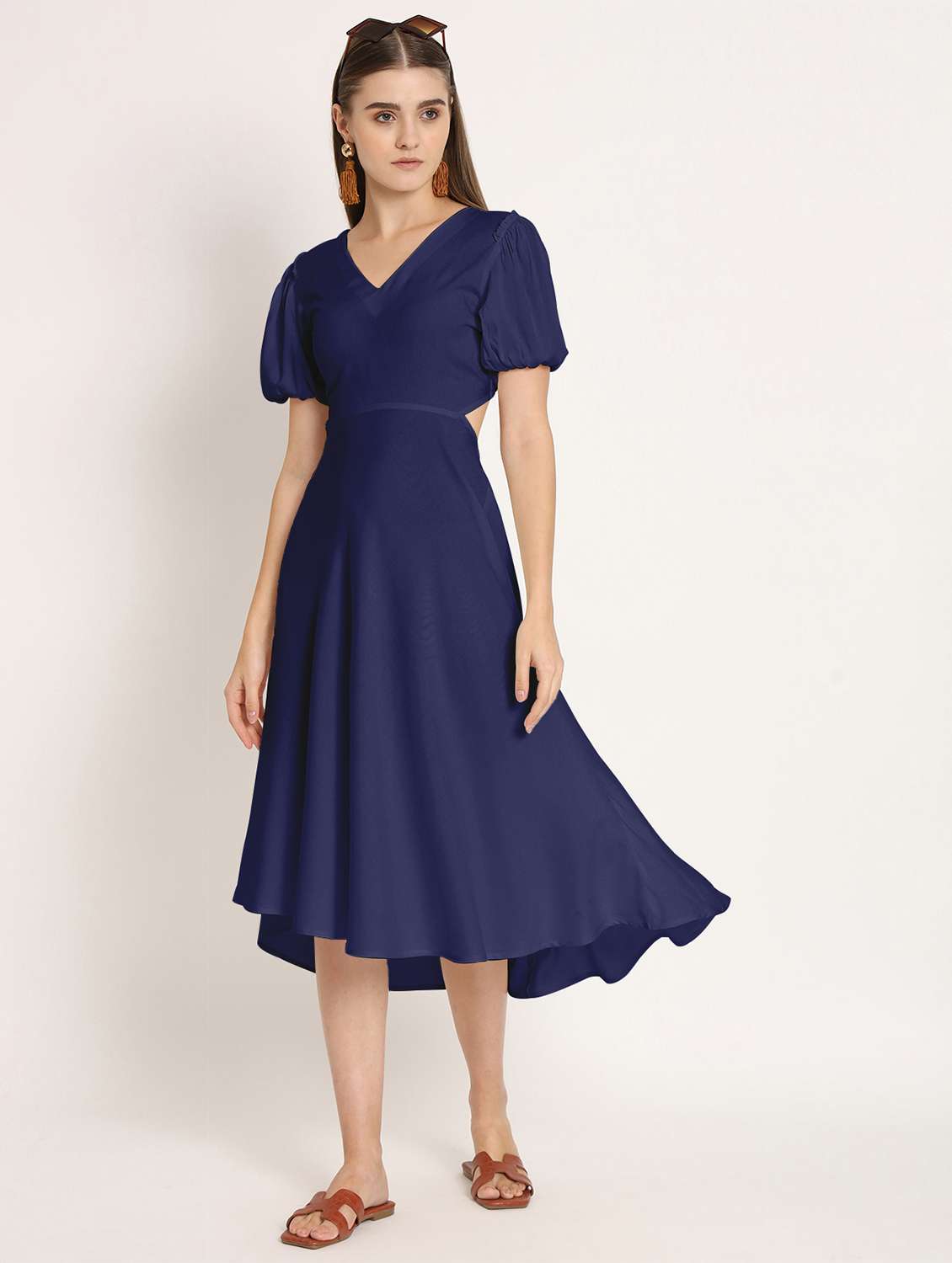 blue solid puff sleeves high low dress