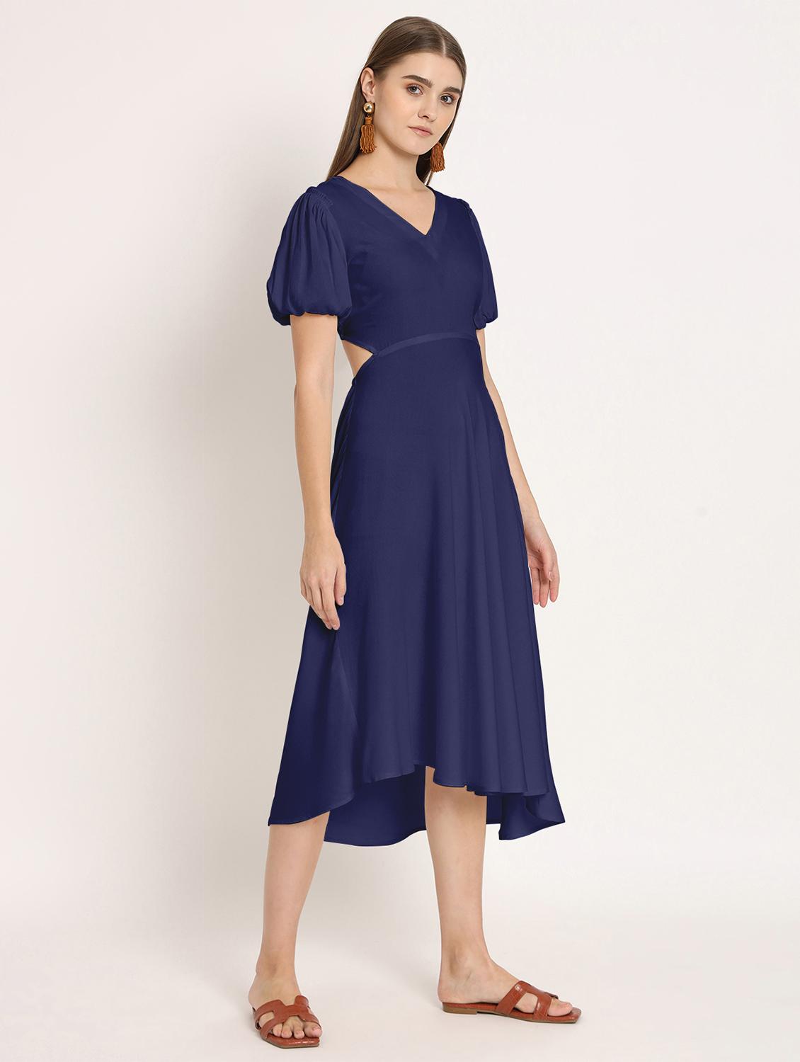 blue solid puff sleeves high low dress - 20386217 -  Standard Image - 1