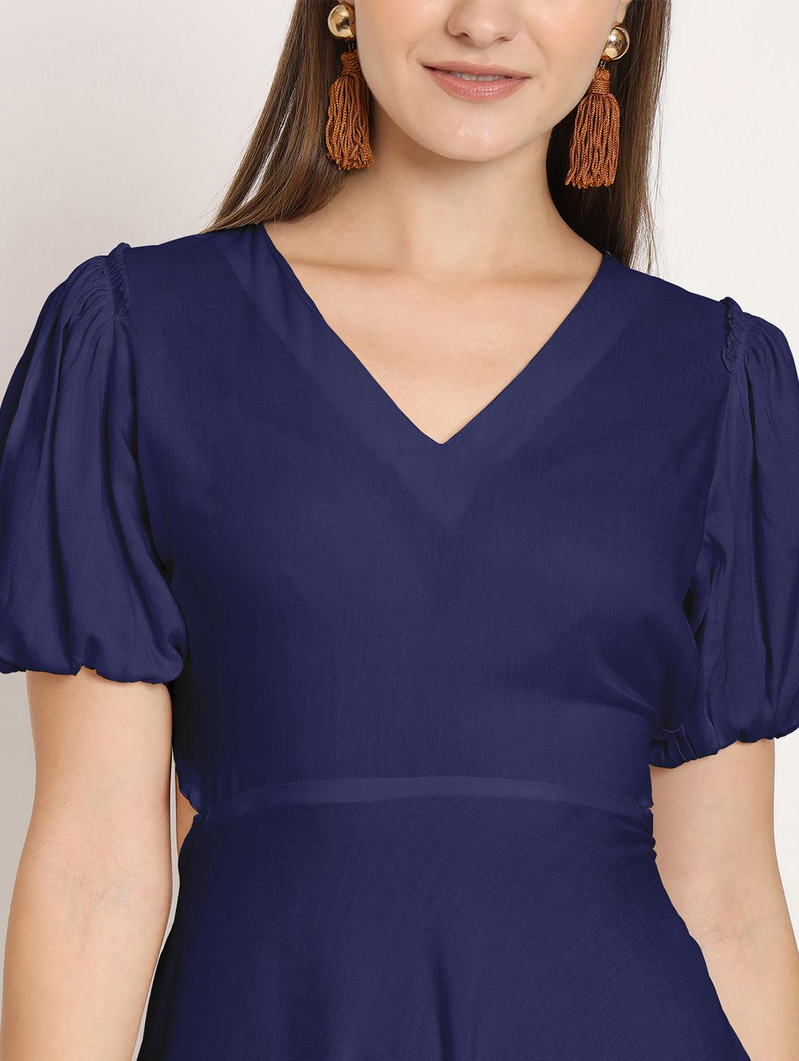 blue solid puff sleeves high low dress - 20386217 - Standard Image - 4