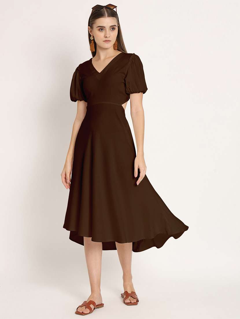 brown solid puff sleeves high low dress