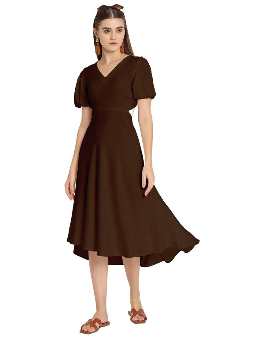 brown solid puff sleeves high low dress - 20386219 - Standard Image - 1