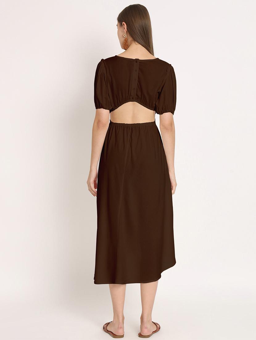 brown solid puff sleeves high low dress - 20386219 - Standard Image - 4