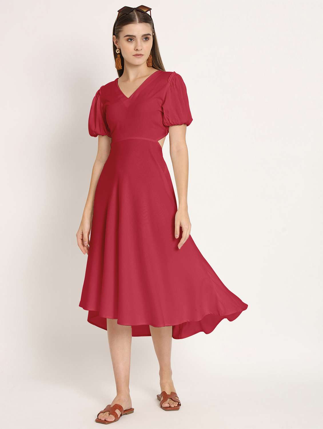 red solid puff sleeves high low dress