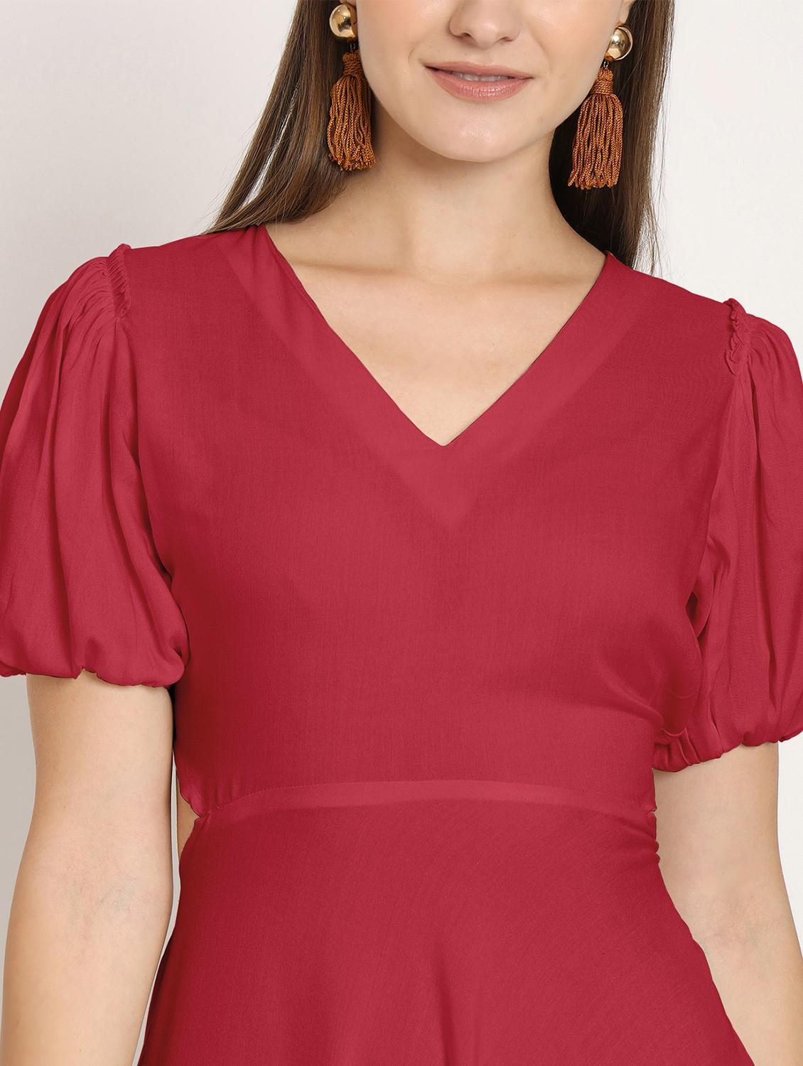 red solid puff sleeves high low dress - 20386220 - Standard Image - 4