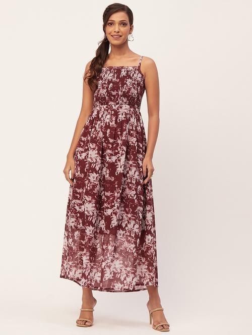 women maroon printed poly georgette fit & flare dress - 20386222 -  Standard Image - 0