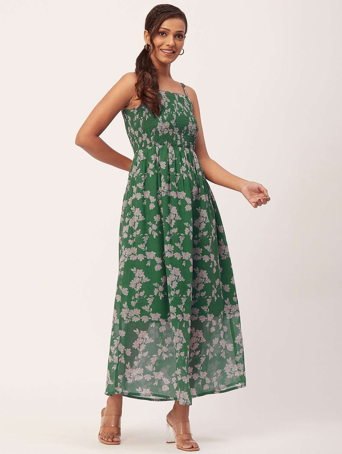 women green poly georgette fit & flare dress
