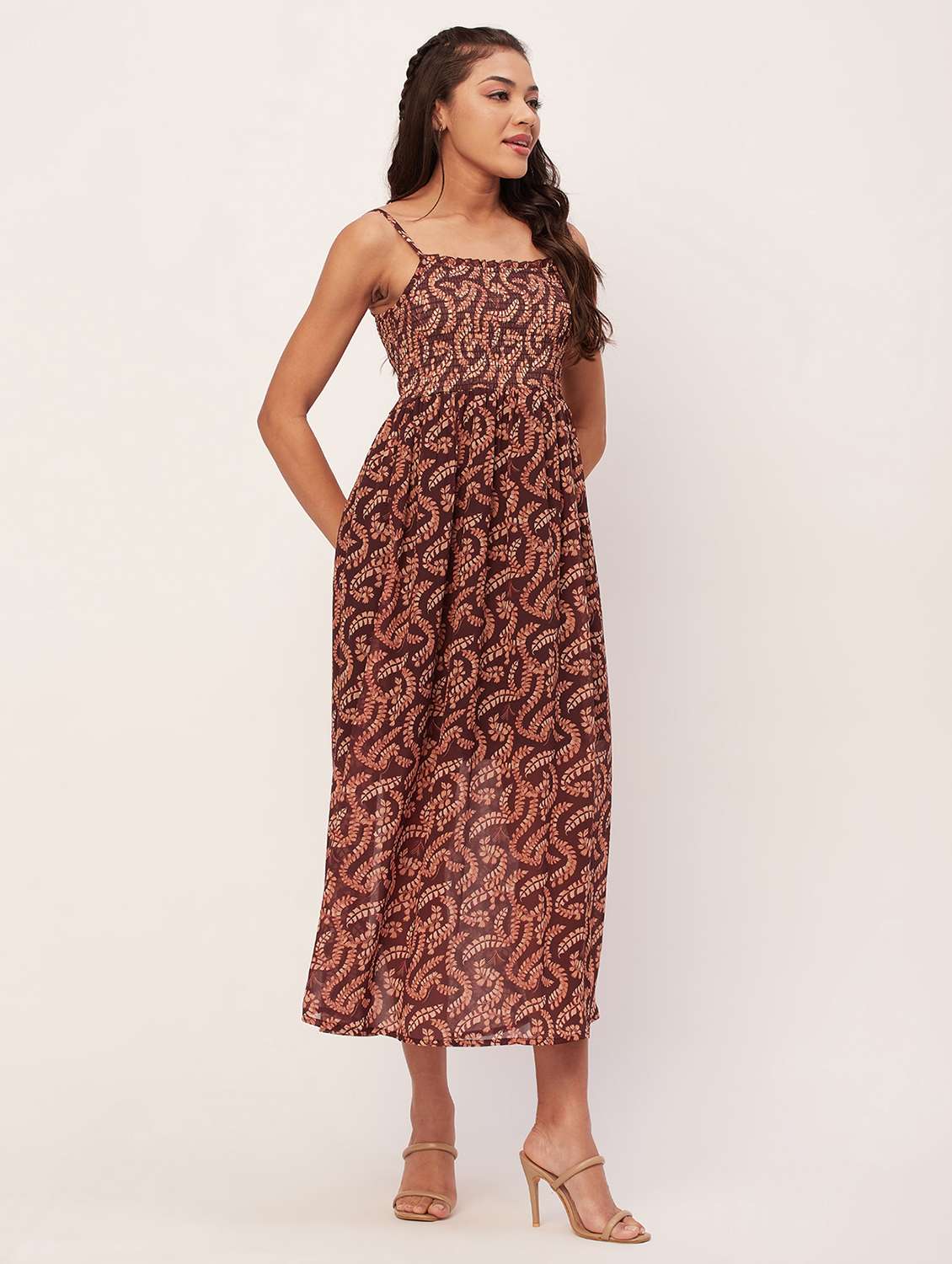 women brown poly georgette fit & flare dress - 20386225 -  Standard Image - 1