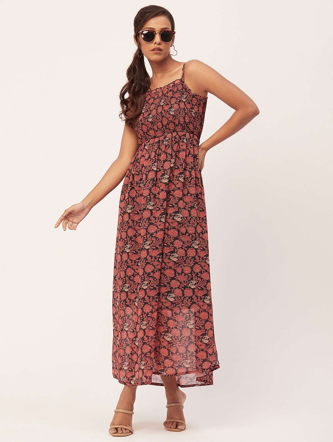 brown floral print maxi dress