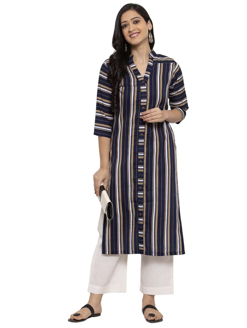 navy blue stroped mandarin neck kurta
