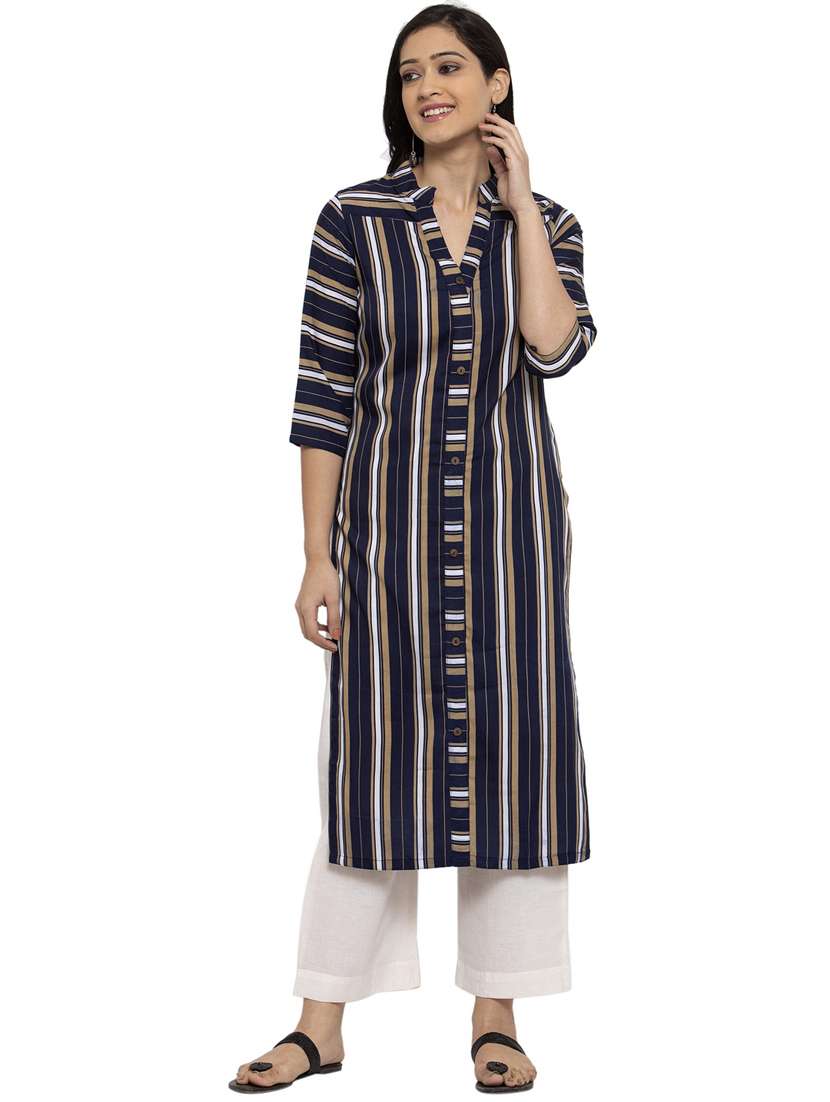 navy blue stroped mandarin neck kurta - 20386257 -  Standard Image - 1