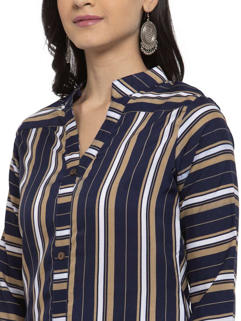 navy blue stroped mandarin neck kurta - 20386257 -  Standard Image - 4