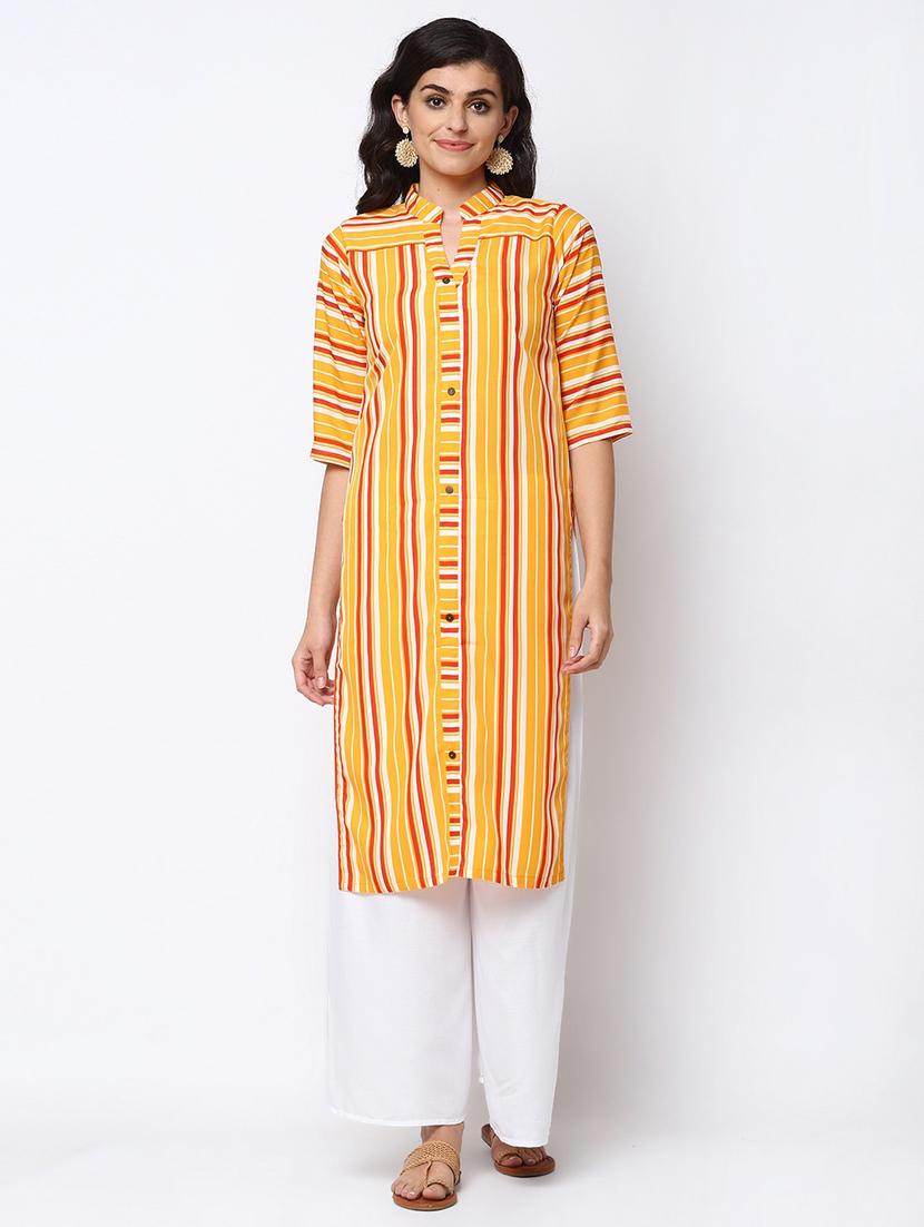 yellow striped mandarin neck straight kurta - 20386260 - Zoom Image - 0