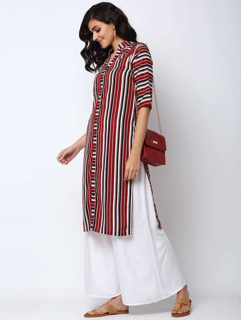 women multi color stripes mandarin neck straight kurta - 20386261 -  Standard Image - 1
