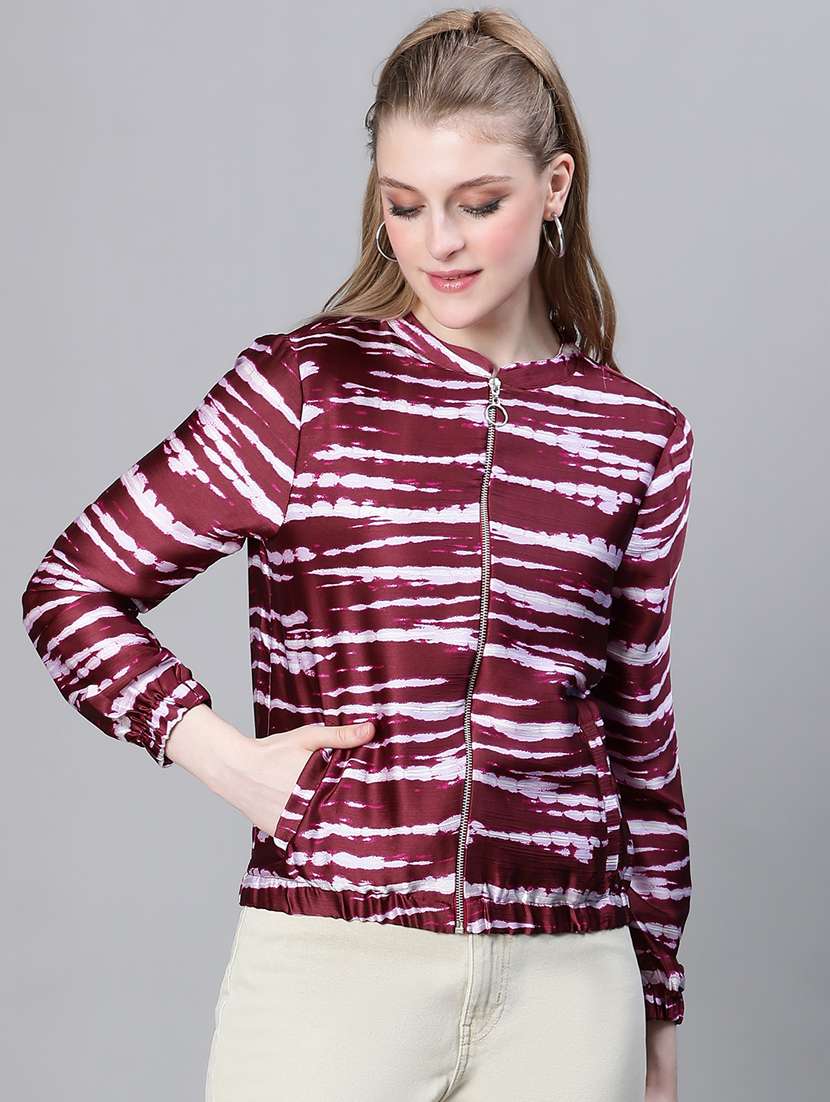 maroon printed bomber jacket - 20386414 - Zoom Image - 0