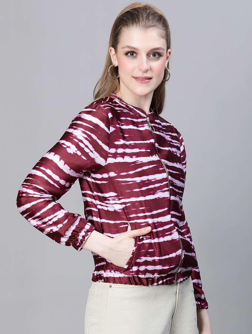 maroon printed bomber jacket - 20386414 - Standard Image - 1