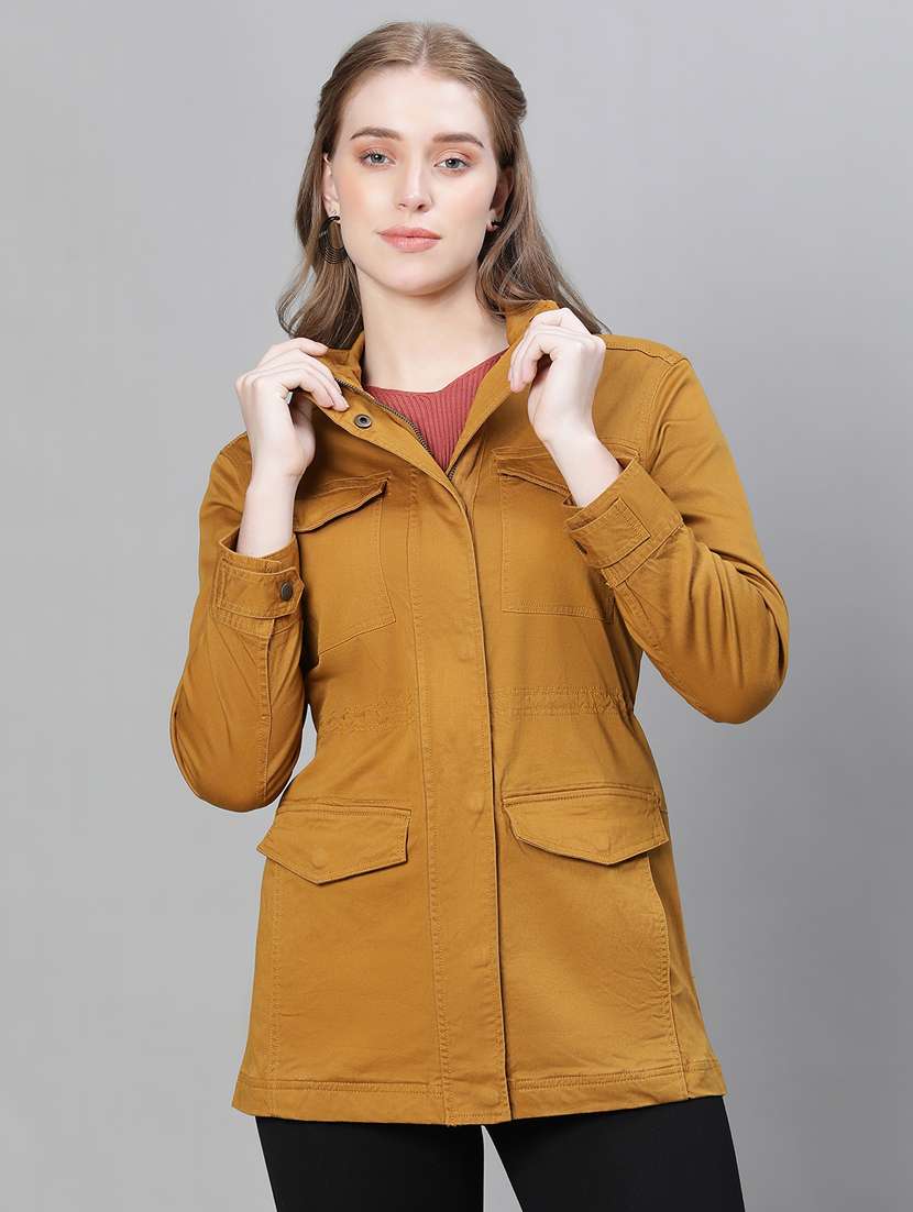 women mustard solids stand collar jacket