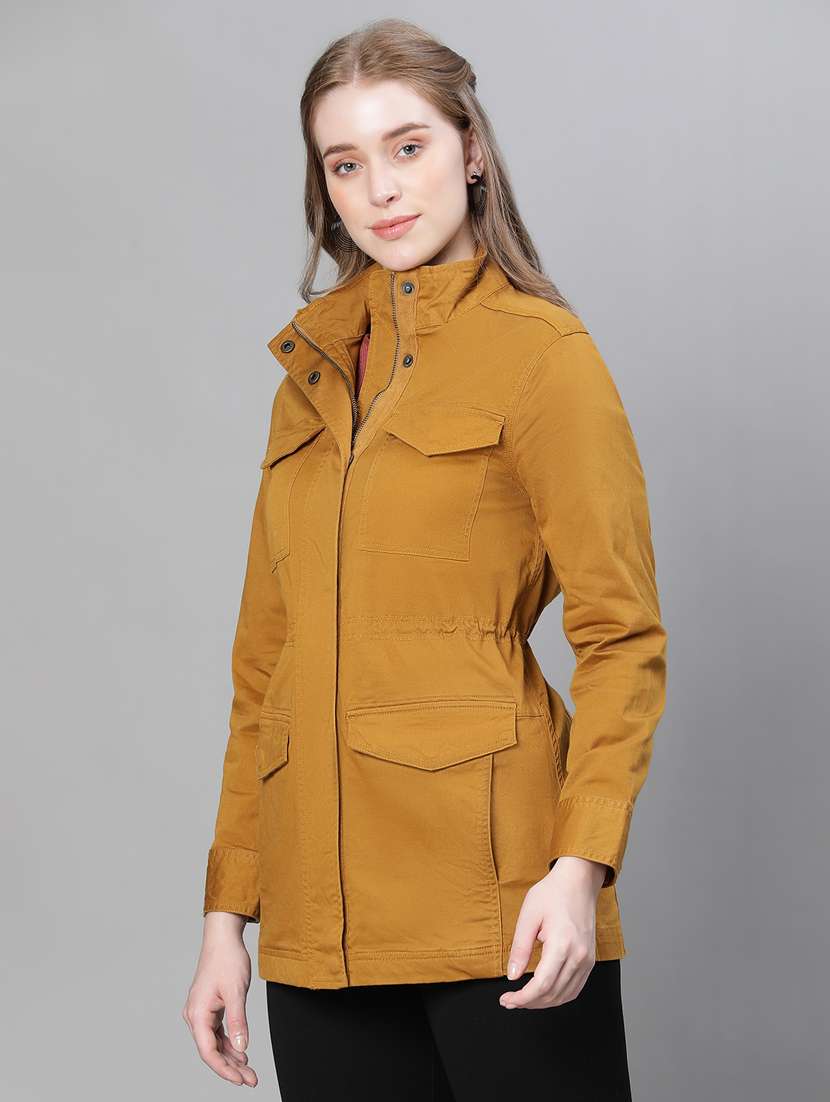 women mustard solids stand collar jacket - 20386415 - Standard Image - 1