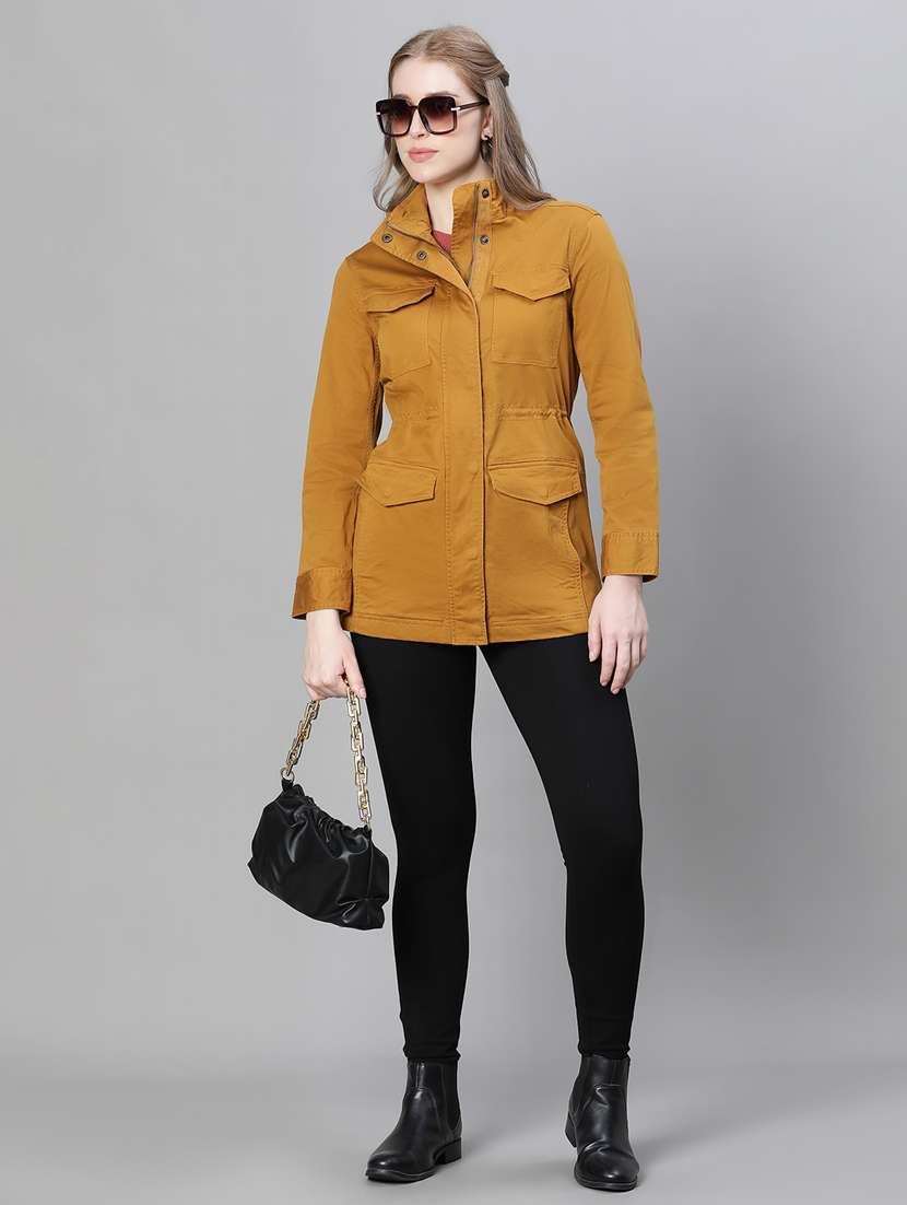 women mustard solids stand collar jacket - 20386415 - Standard Image - 4