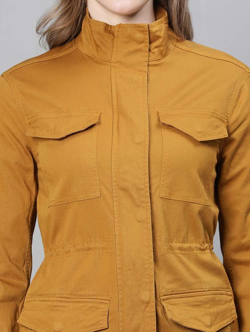 women mustard solids stand collar jacket - 20386415 - Standard Image - 6