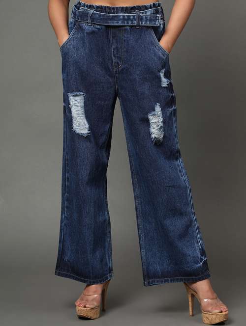 women's distress wide leg jeans - 20386587 - Standard Image - 0