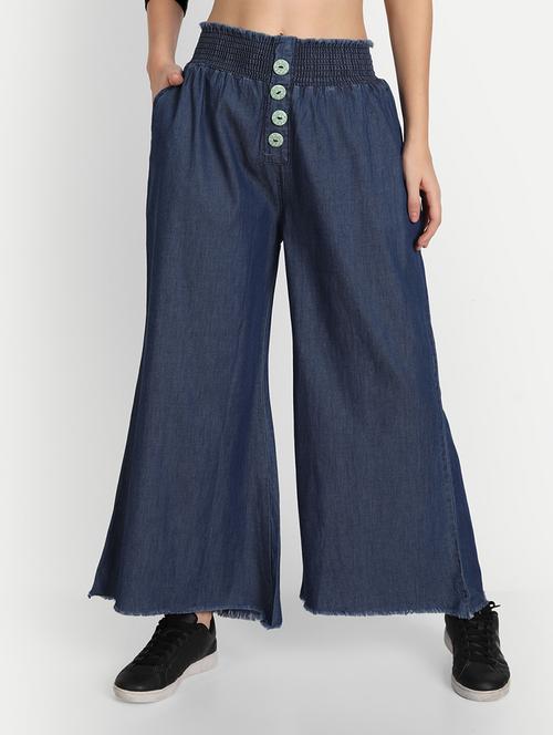 women solid mid rise wide leg demin trouser - 20386841 -  Standard Image - 0