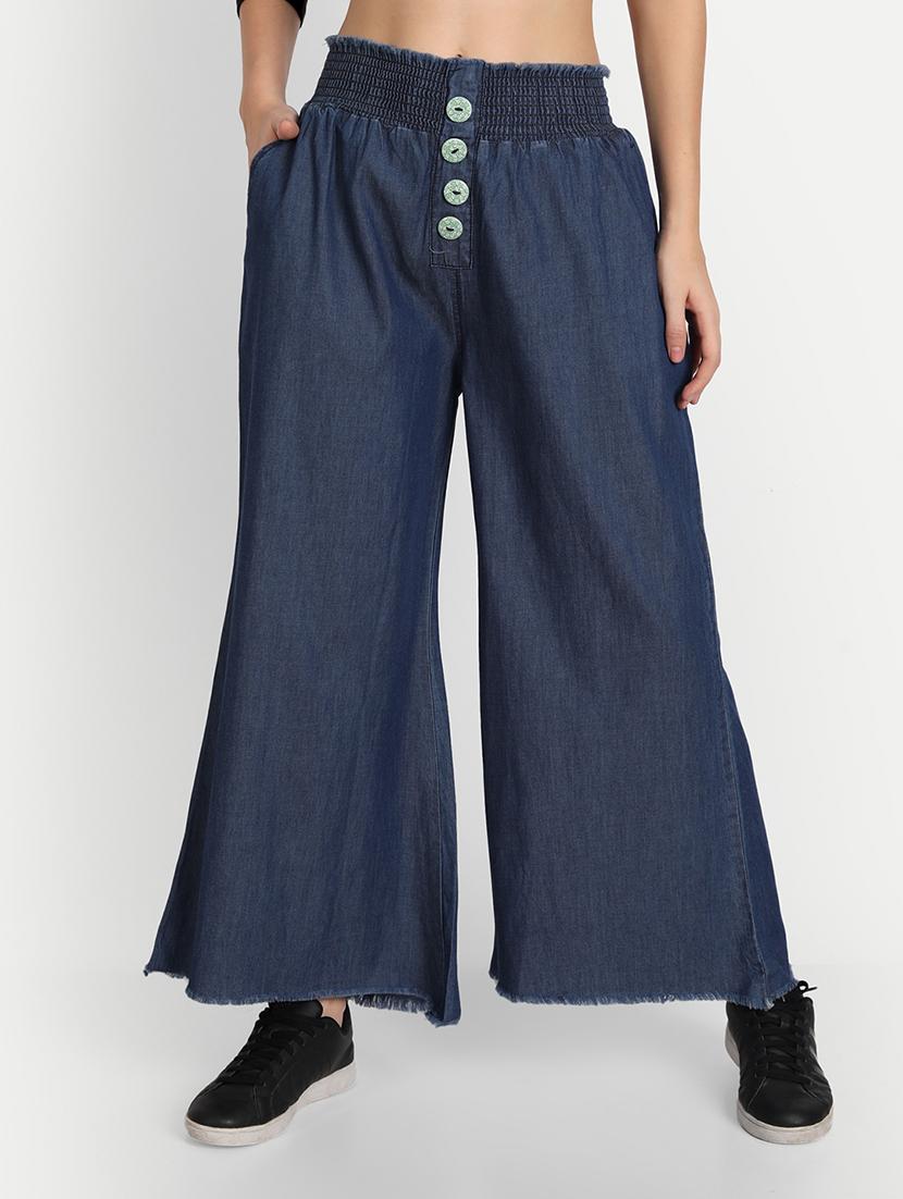 women solid mid rise wide leg demin trouser - 20386841 -  Zoom Image - 0