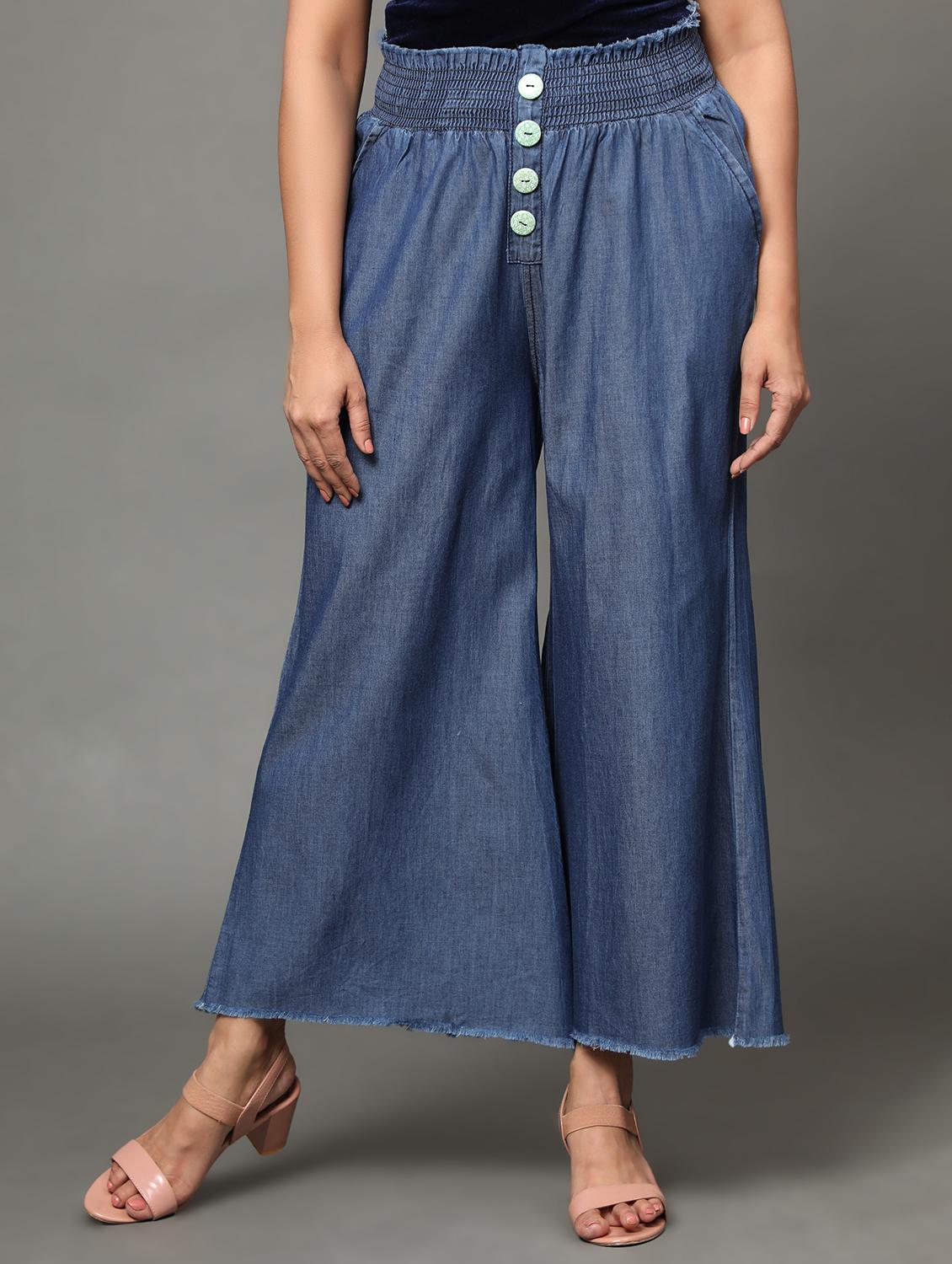 women blue solids denim palazzo - 20386843 -  Zoom Image - 0