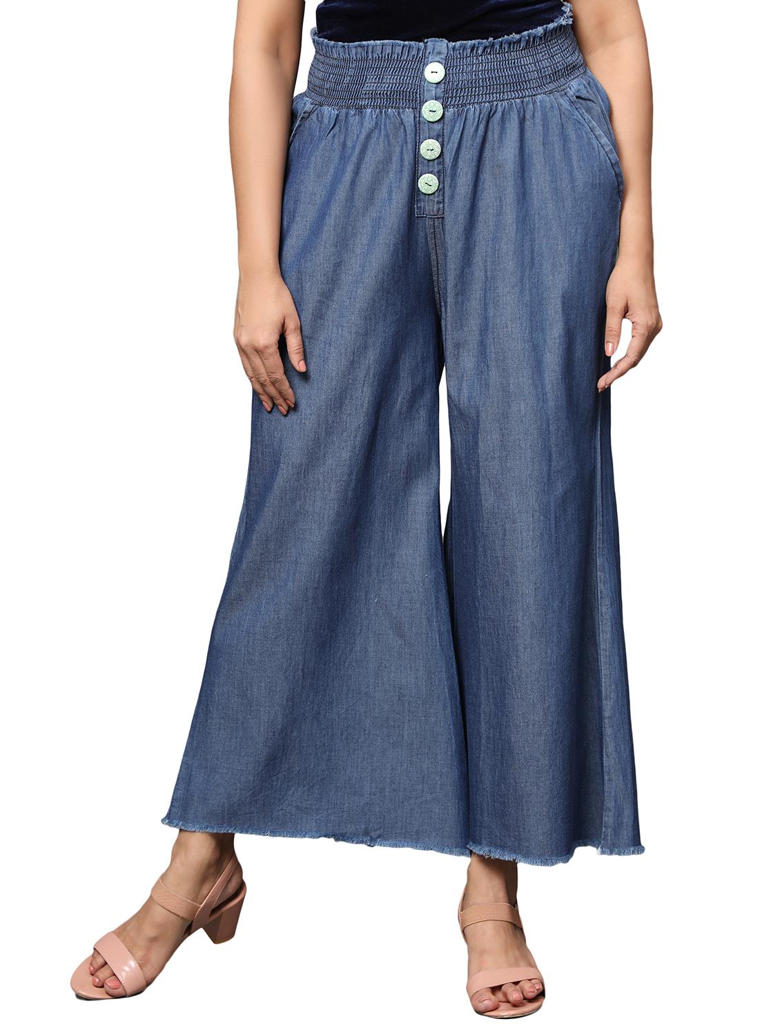 women blue solids denim palazzo - 20386845 -  Zoom Image - 0