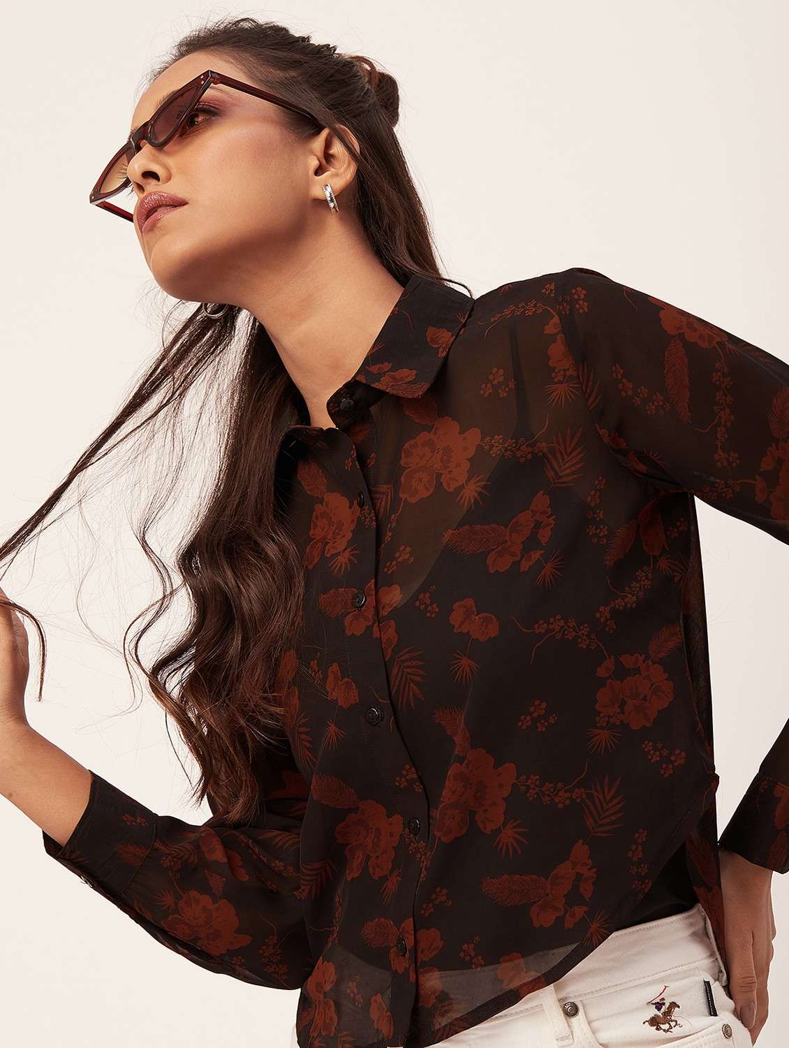 brown floral crop shirt - 20387206 -  Standard Image - 4