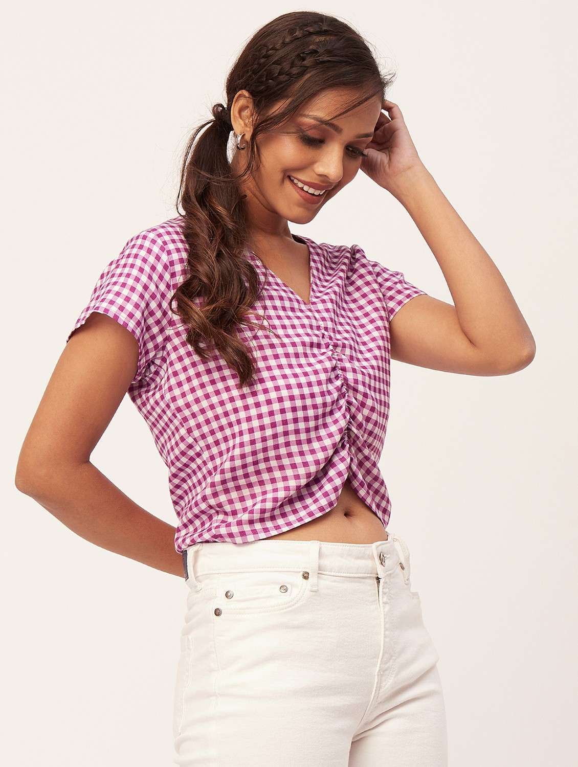 magenta and white checks crop top - 20387216 -  Standard Image - 1