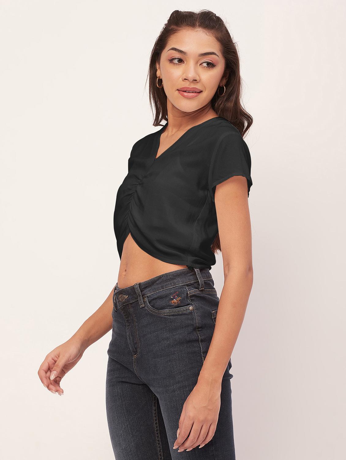 black solid short sleeves crop top - 20387221 -  Standard Image - 1