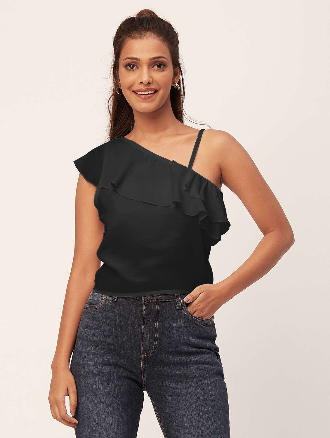 women black solid ruffled one shoulder top