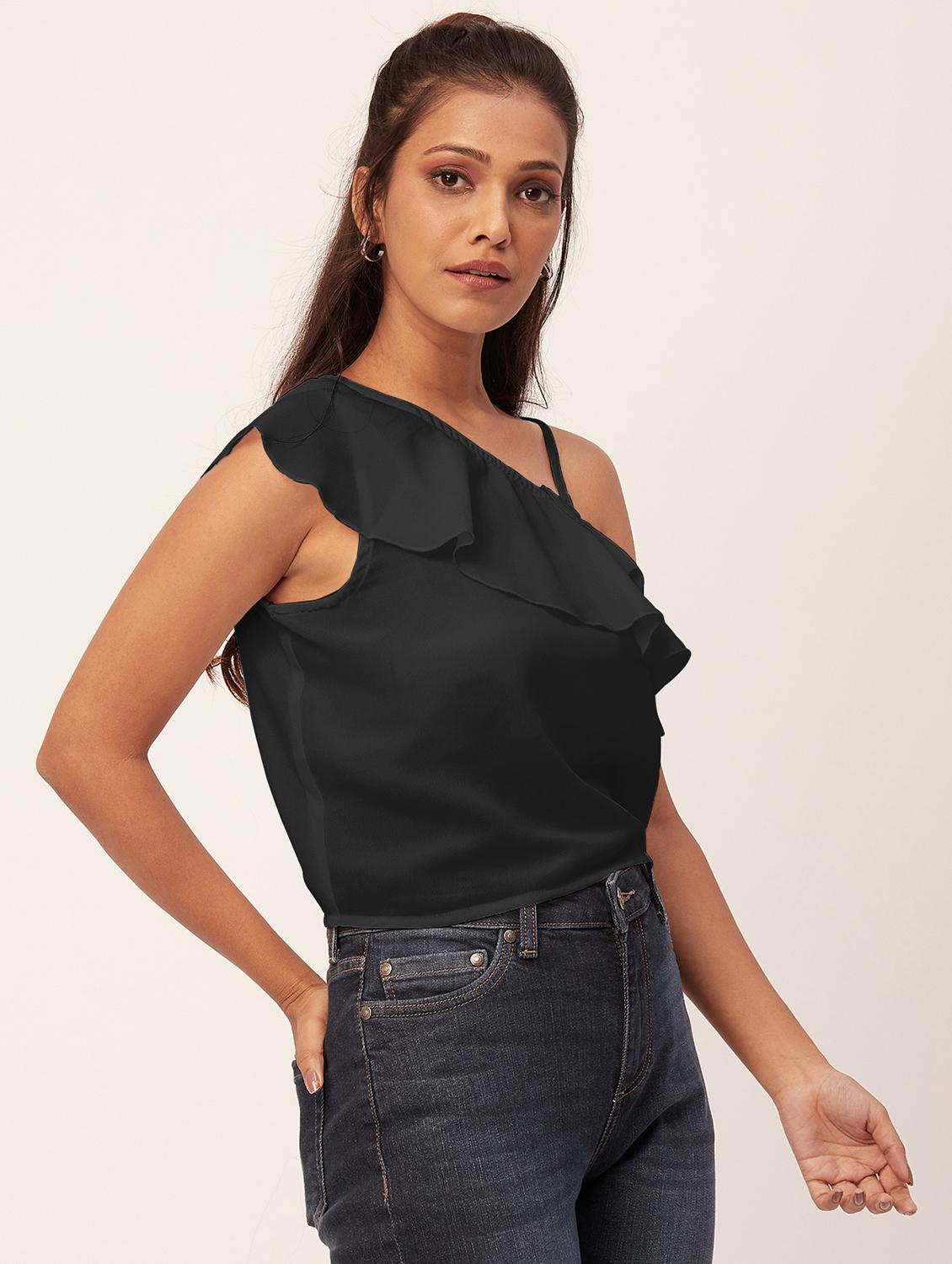 women black solid ruffled one shoulder top - 20387225 -  Standard Image - 1