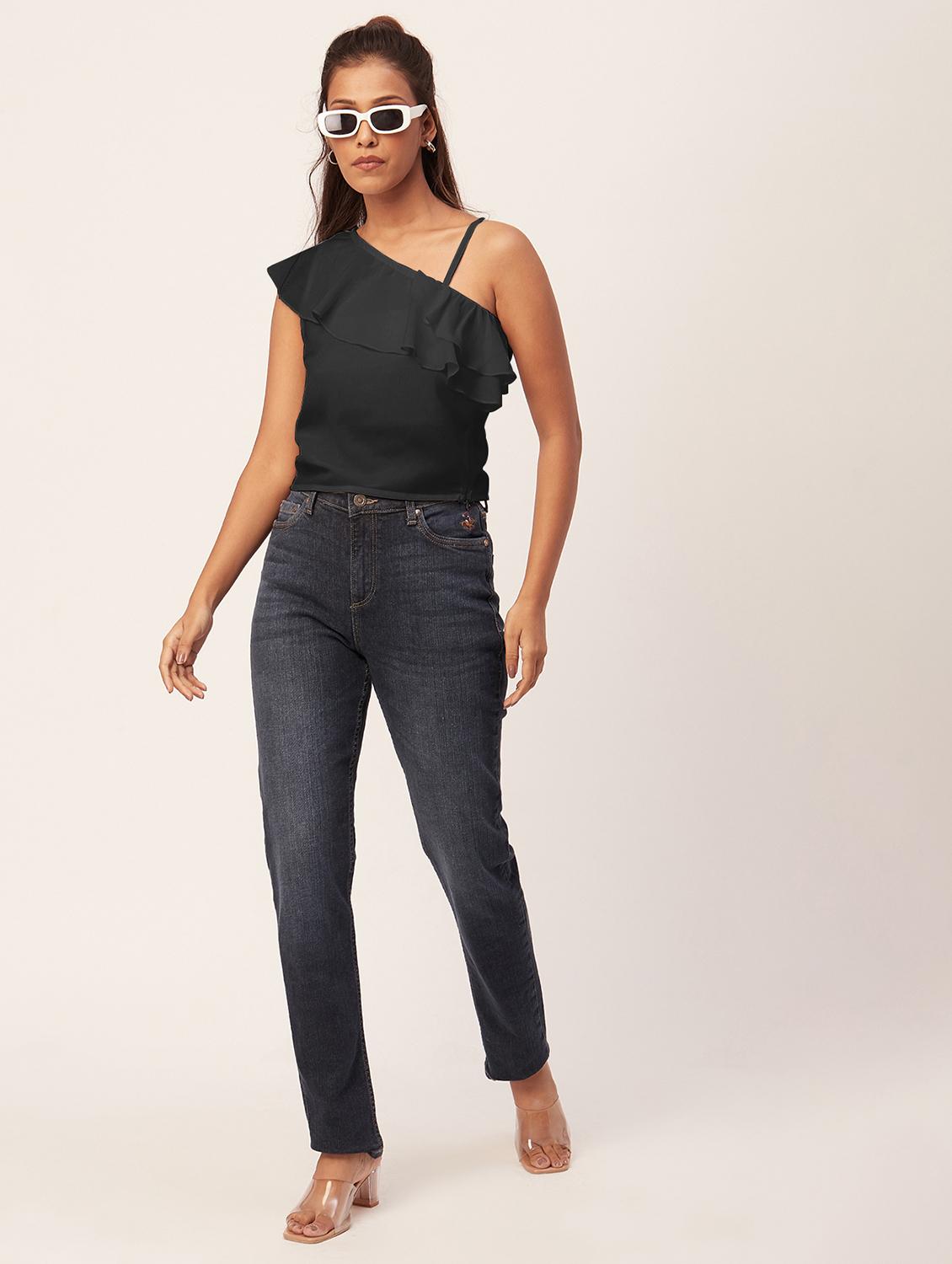 women black solid ruffled one shoulder top - 20387225 - Standard Image - 4