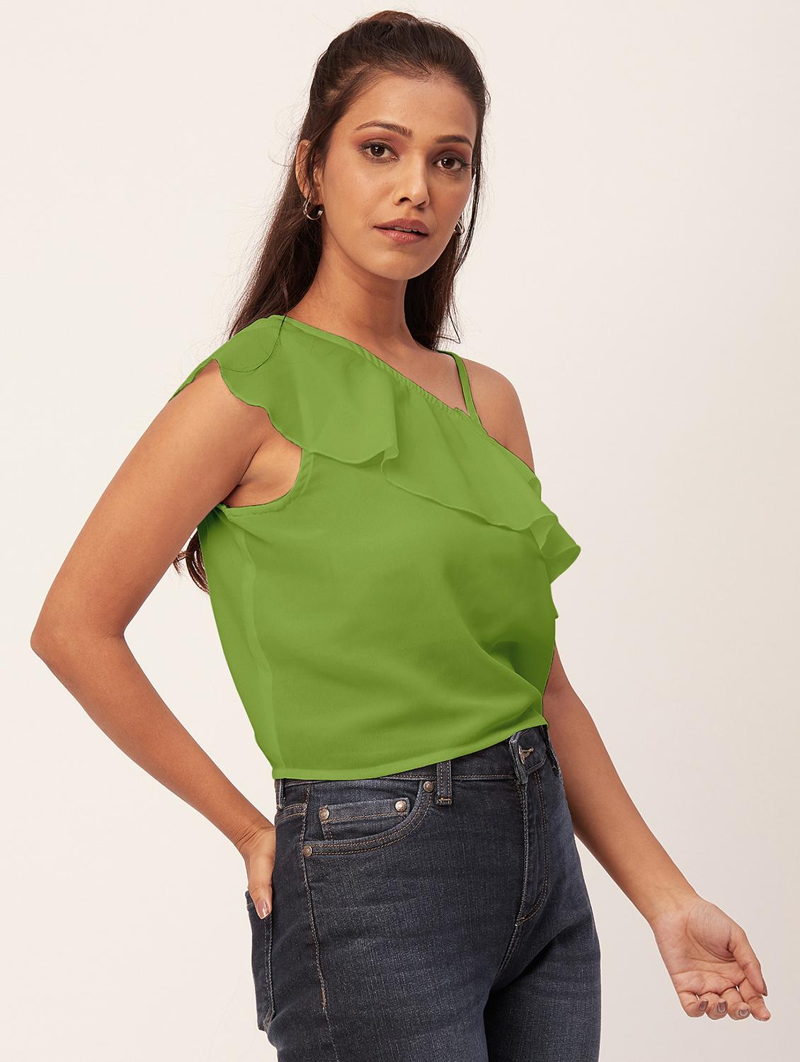 women green solid ruffled one shoulder top - 20387226 - Standard Image - 1
