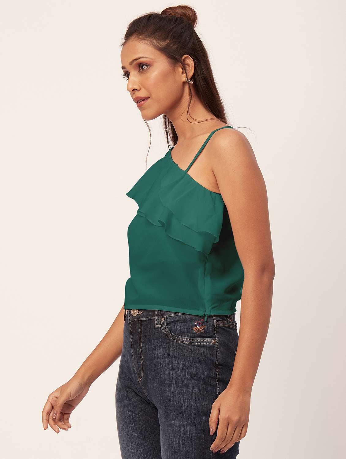 women green solid ruffled one shoulder top - 20387227 -  Standard Image - 1