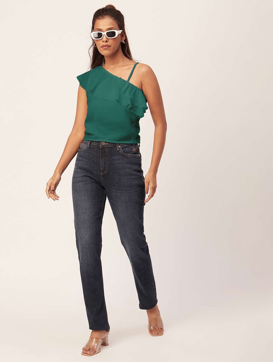women green solid ruffled one shoulder top - 20387227 -  Standard Image - 4