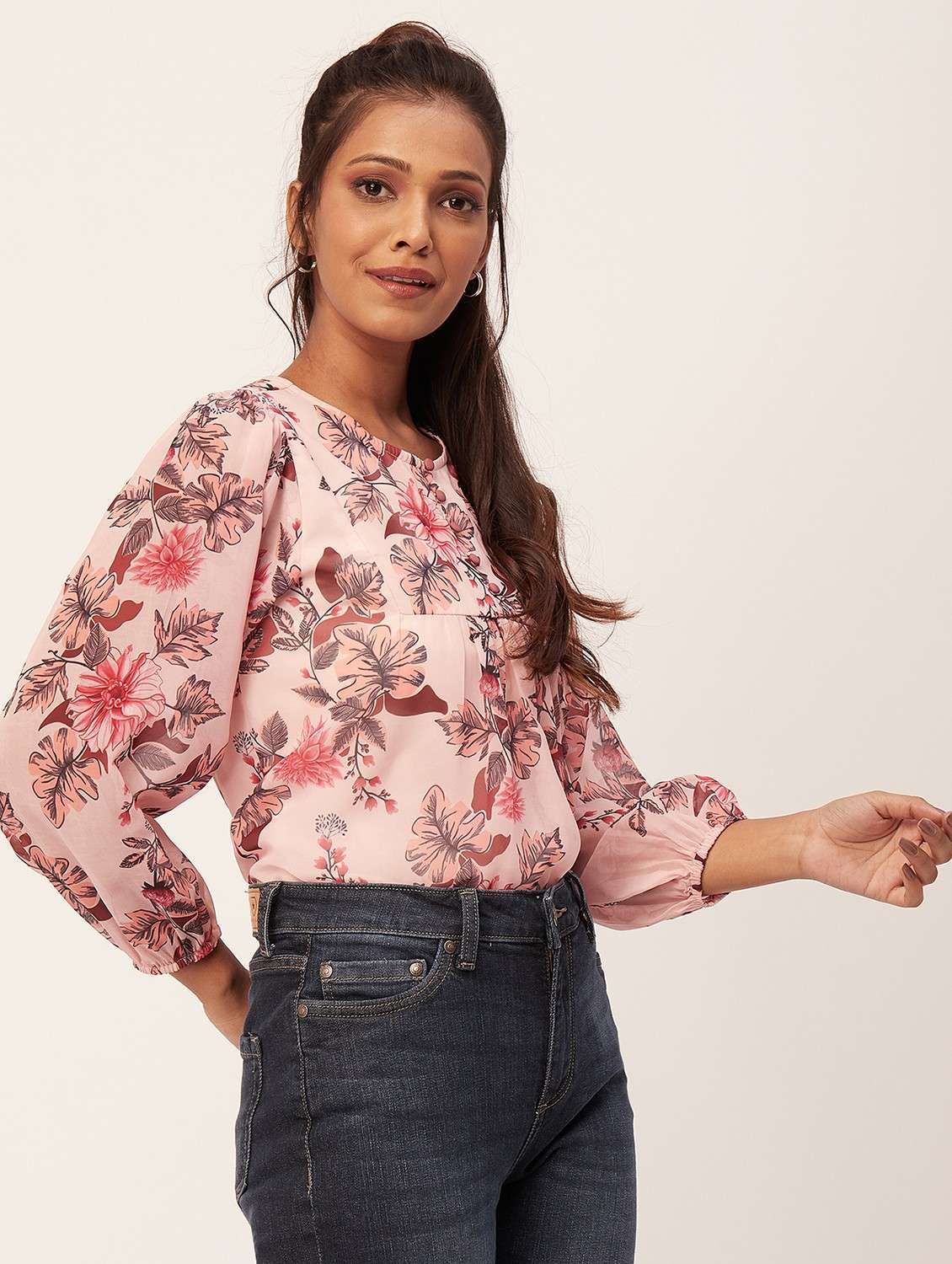 women floral print puff sleeves a-line top - 20387236 -  Standard Image - 1