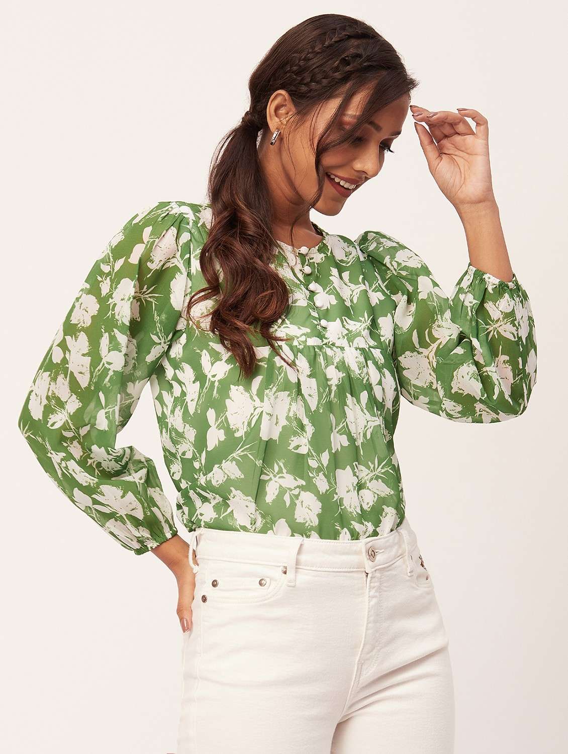 women printed puff sleeves a-line top - 20387239 -  Standard Image - 1