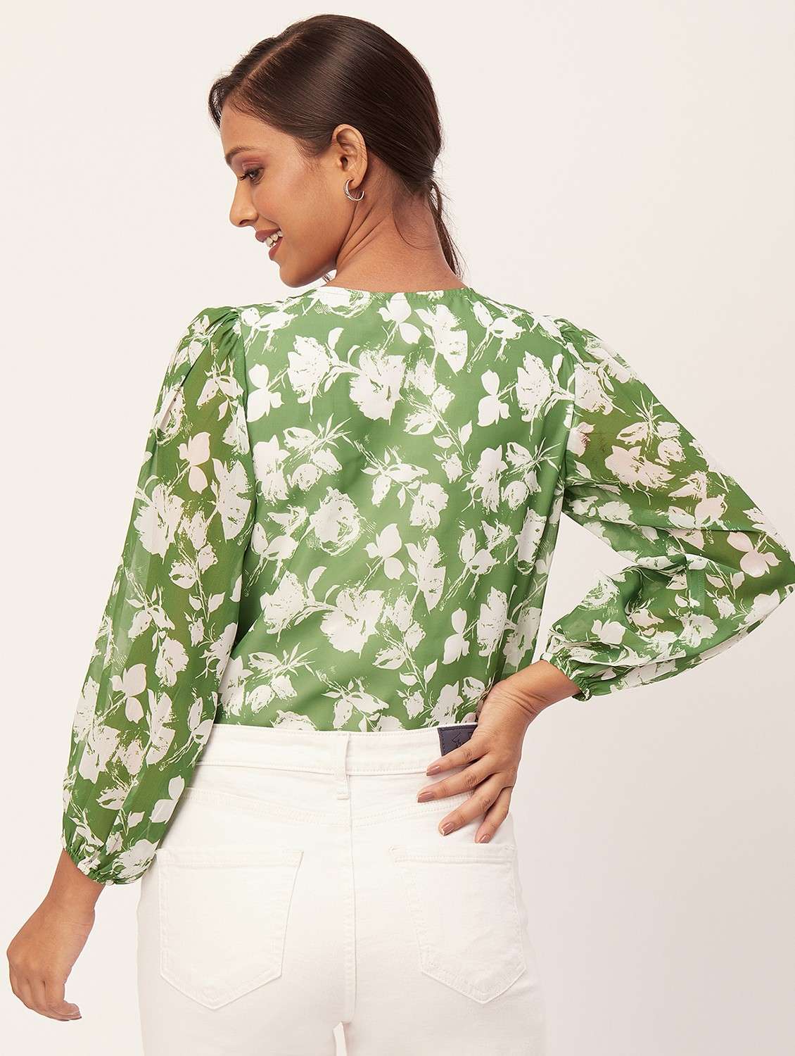 women printed puff sleeves a-line top - 20387239 -  Standard Image - 4