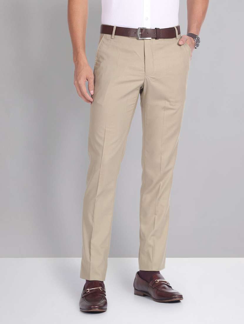 men beige terry rayon flat front trousers formal trouser