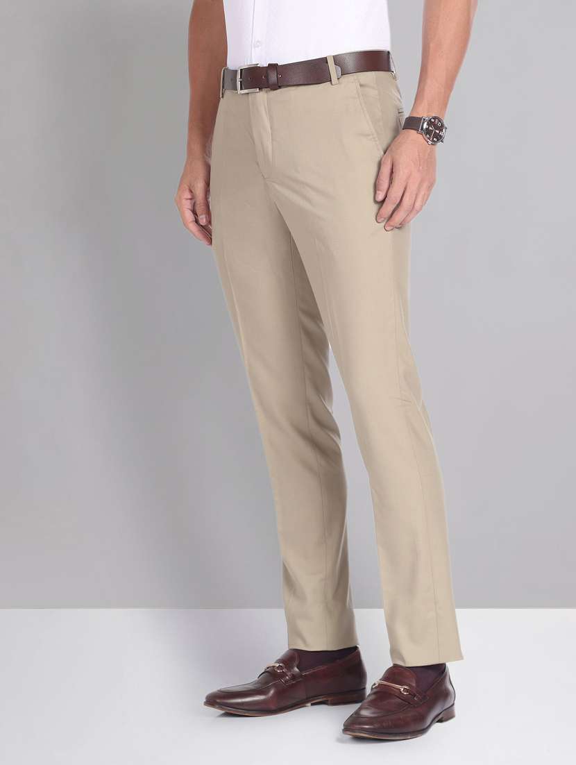 men beige terry rayon flat front trousers formal trouser - 20387852 -  Standard Image - 1