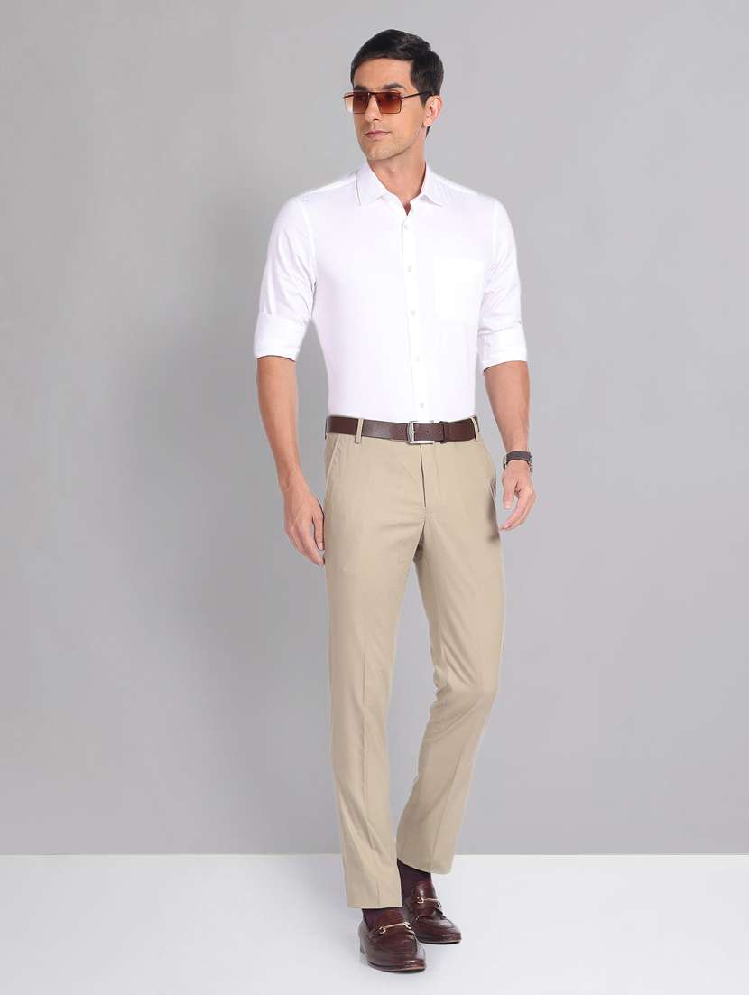 men beige terry rayon flat front trousers formal trouser - 20387852 -  Standard Image - 4