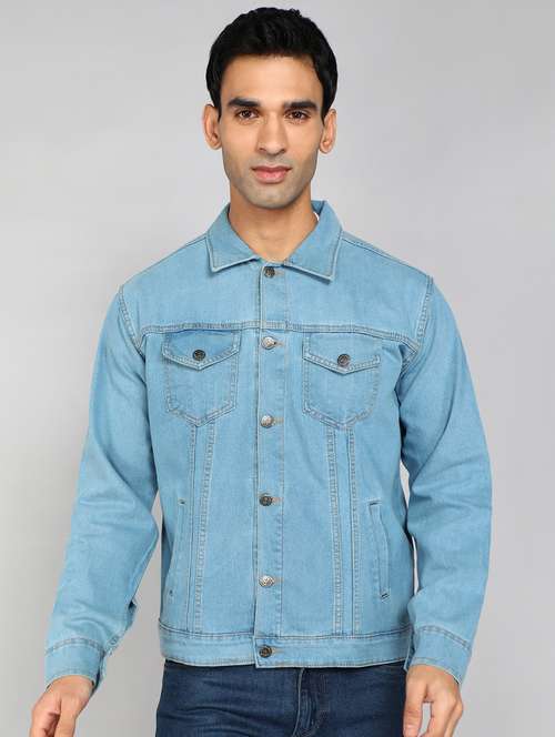 men solid light blue denim casual jacket - 20388713 -  Standard Image - 0
