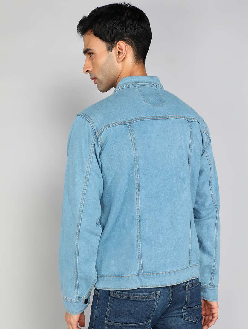 men solid light blue denim casual jacket - 20388713 - Standard Image - 1